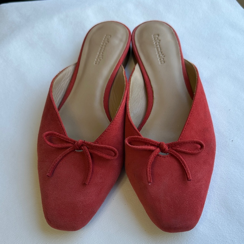 Reformation Red Bow Suede Mules